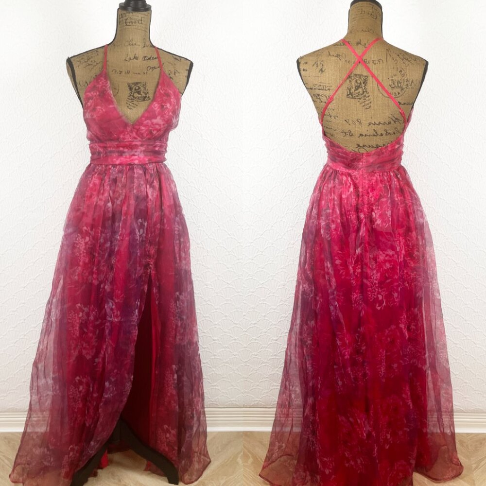 Lulus Romance That Wows Magenta Floral Priny Organza Maxi Dress